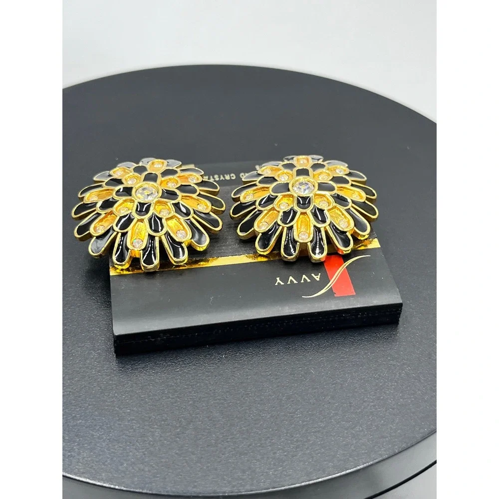 Vintage Swarovski Black Enamel and Gold Starburst Full Lead Clip On Earrings NOS